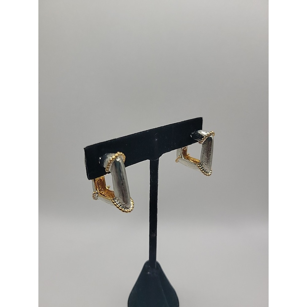 Two Tone Square Hoop Earrings Silver Gold Tone Textured Post Back Geometric